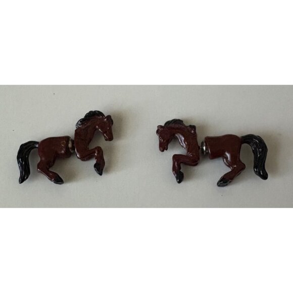 Horse Front Back Earrings Brown Black Enamel Silver Tone 1.5" - Picture 1 of 5